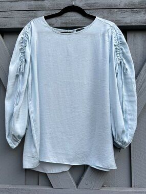 Ann Taylor Light Blue Satin Blouse L Ruched Tie Sleeve Long Sleeve Top